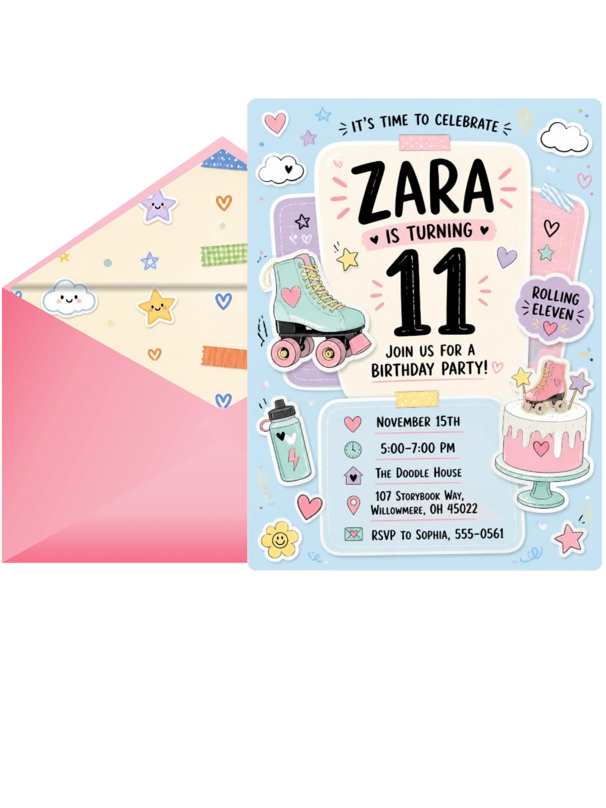 Pastel Roller Skate 11th Birthday Invitation