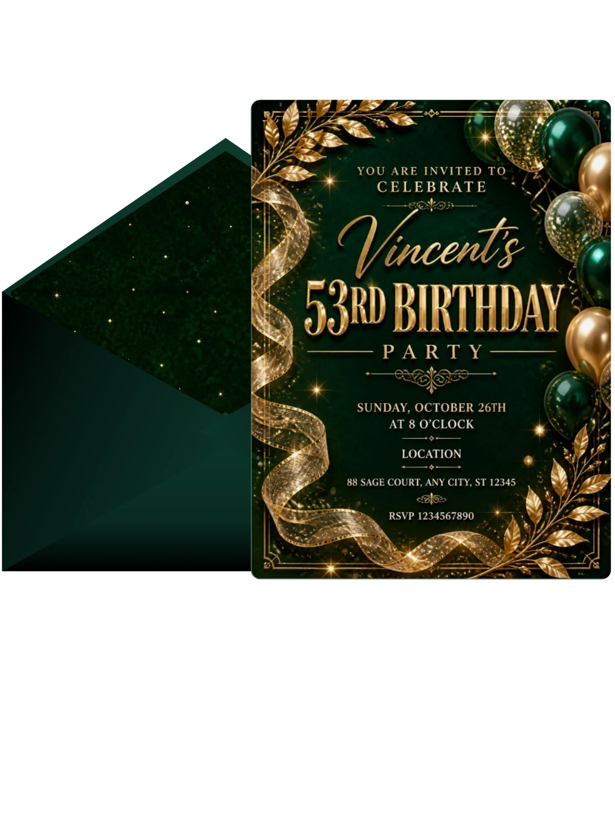 Emerald and Champagne 53rd Birthday Invitation