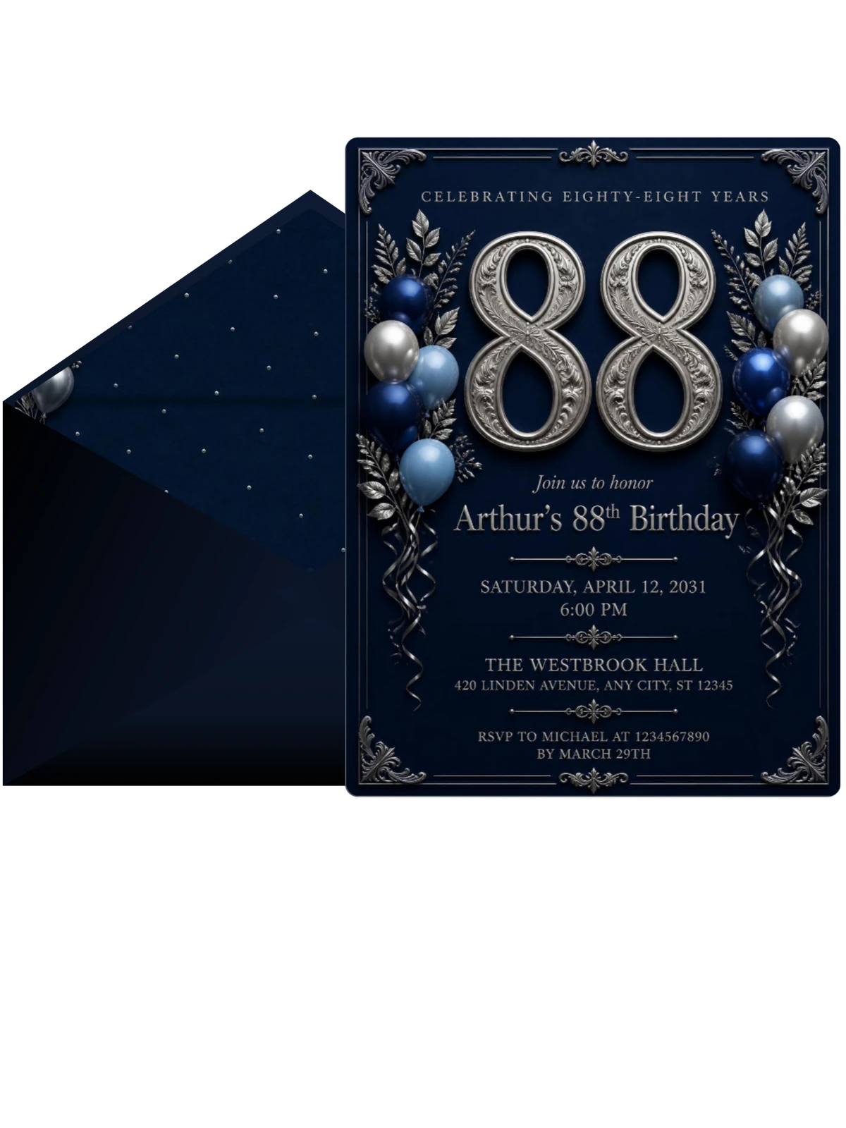Navy and Silver 88th Birthday Invitation
