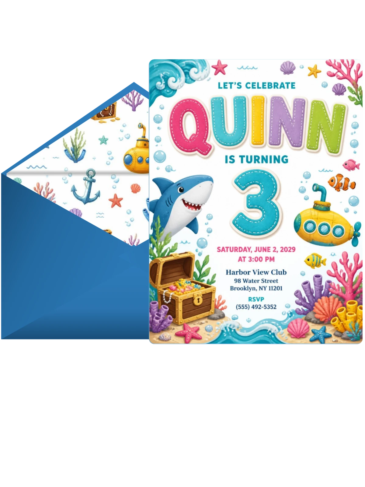 Stitched Shark 3rd Birthday Invitation