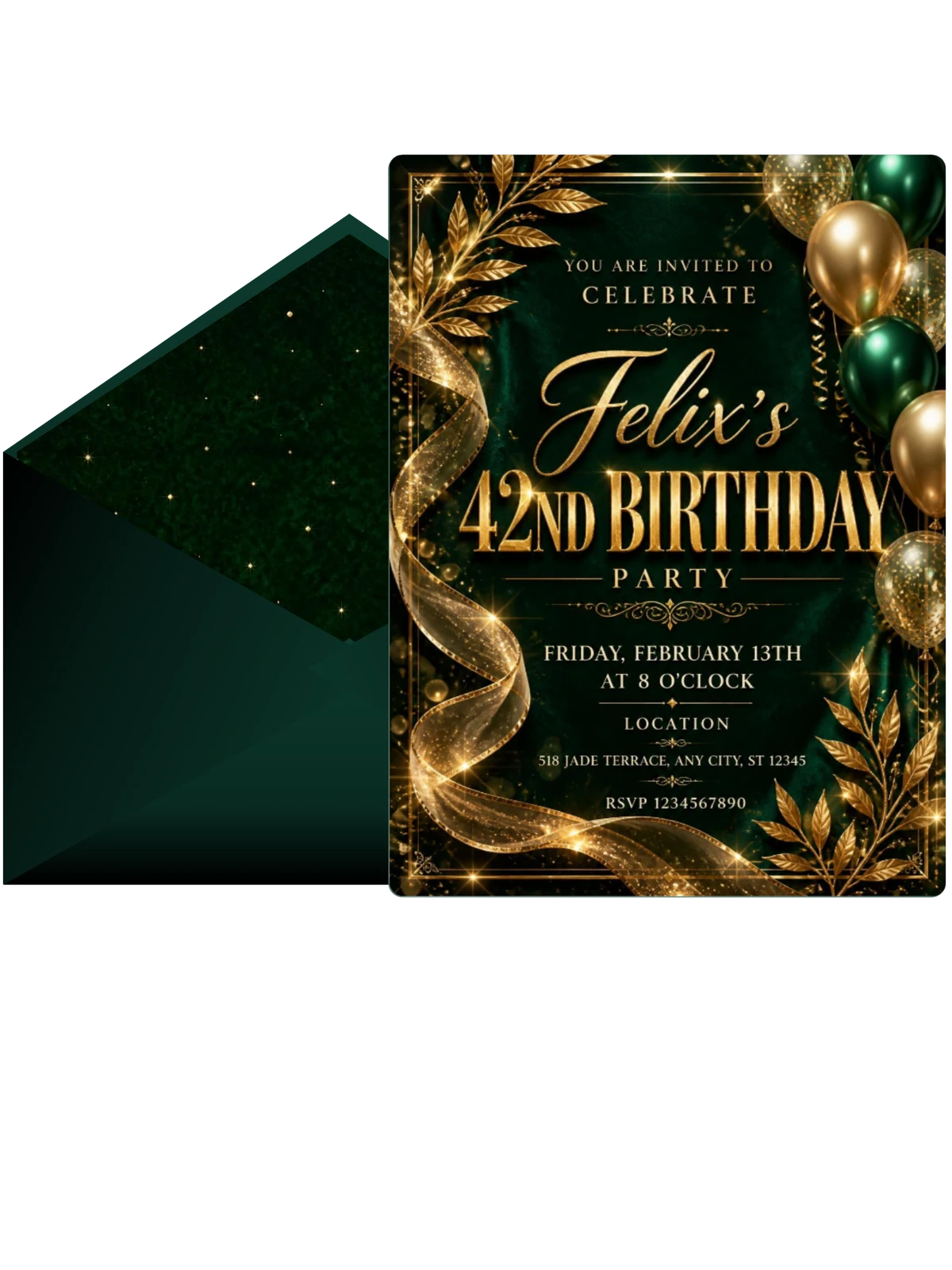 Emerald and Champagne 42nd Birthday Invitation