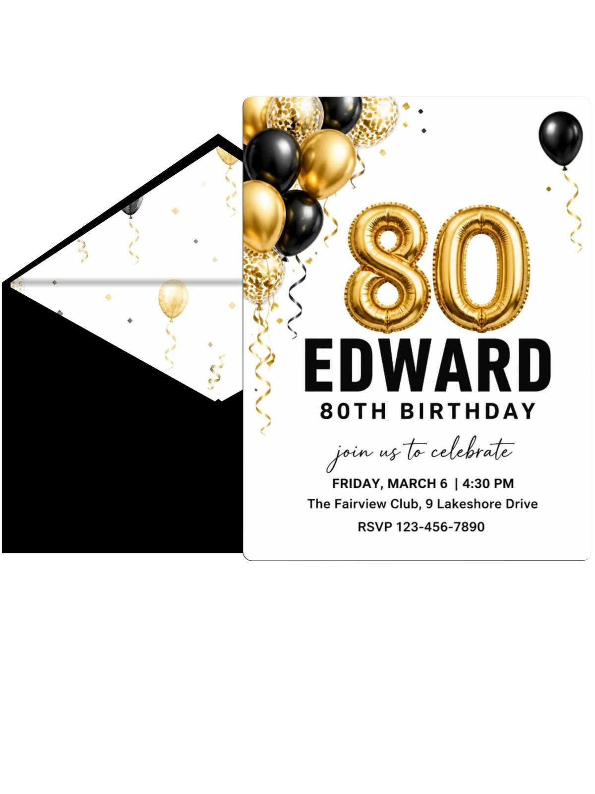Gold Balloon 80th Birthday Invitation