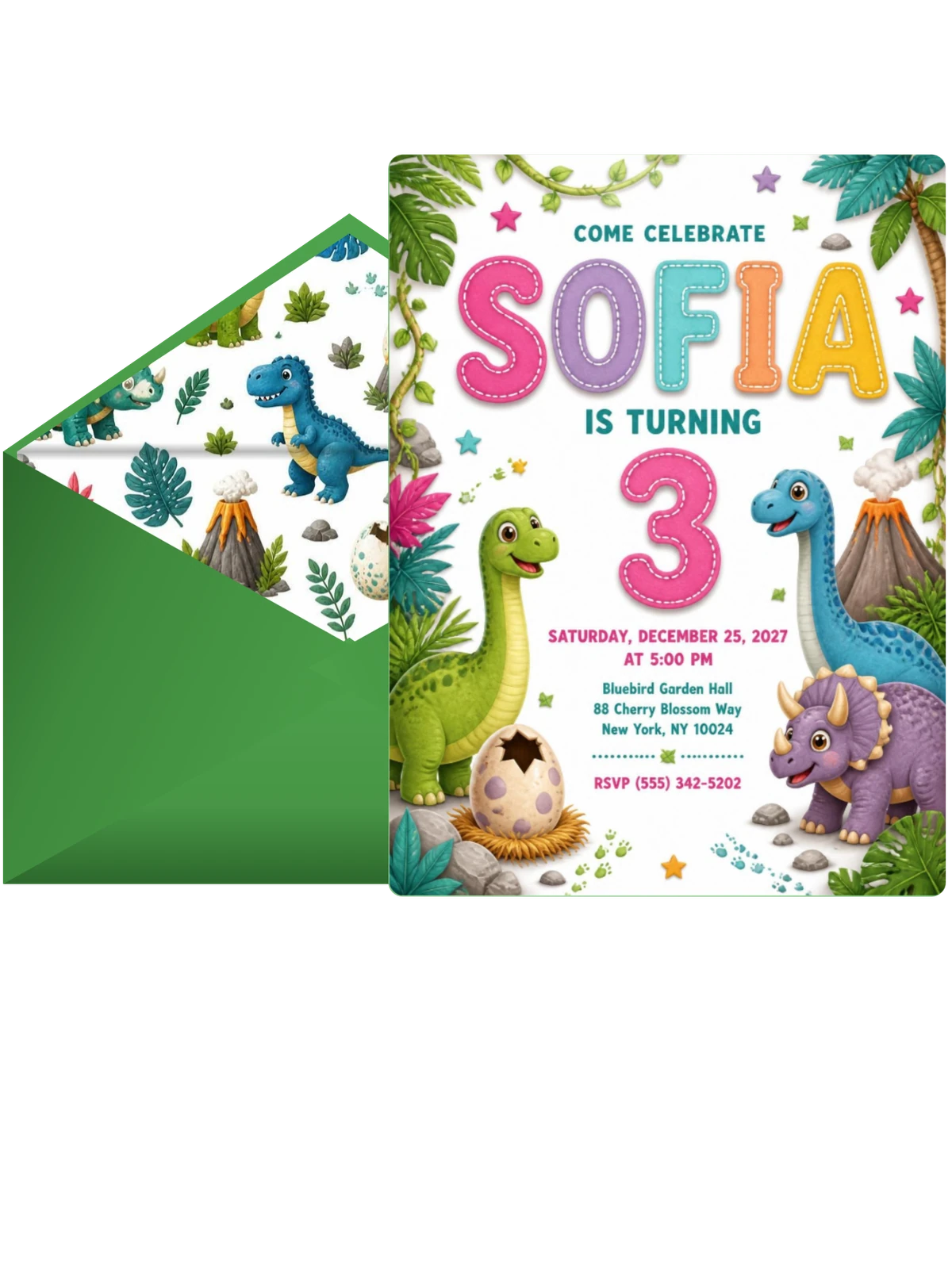 Stitched Dinosaur 3rd Birthday Invitation