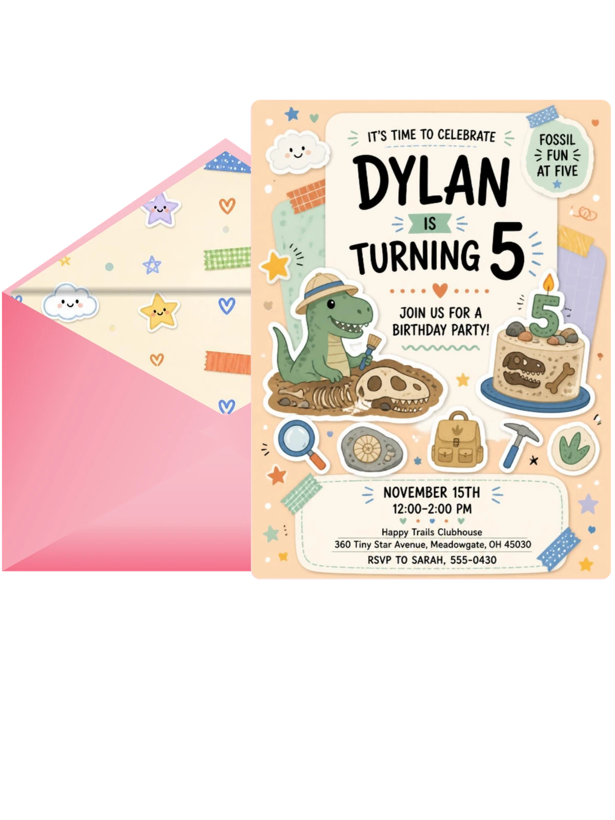 Paleontologist Dinosaur 5th Birthday Invitation