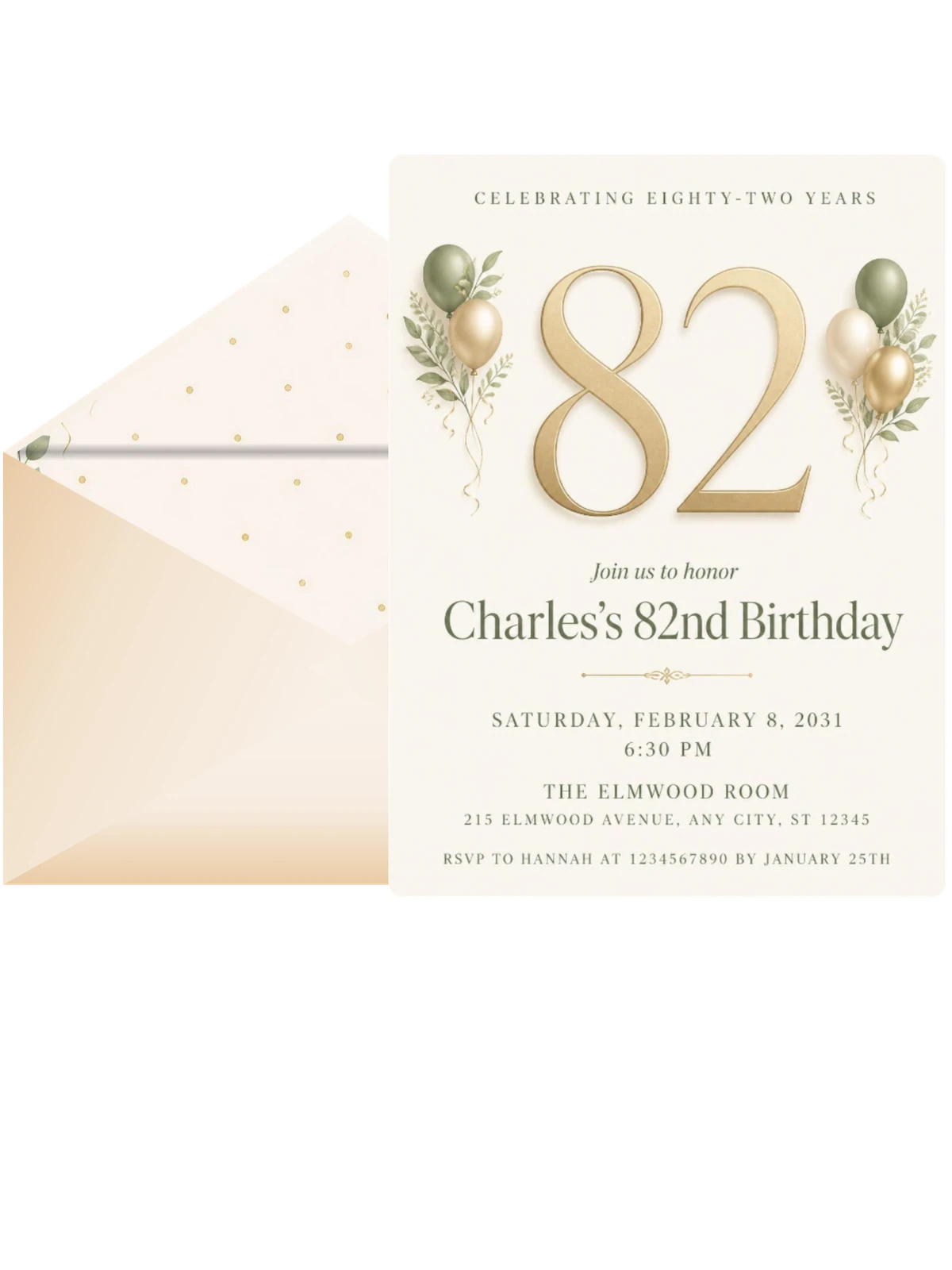 Sage and Ivory 82nd Birthday Invitation