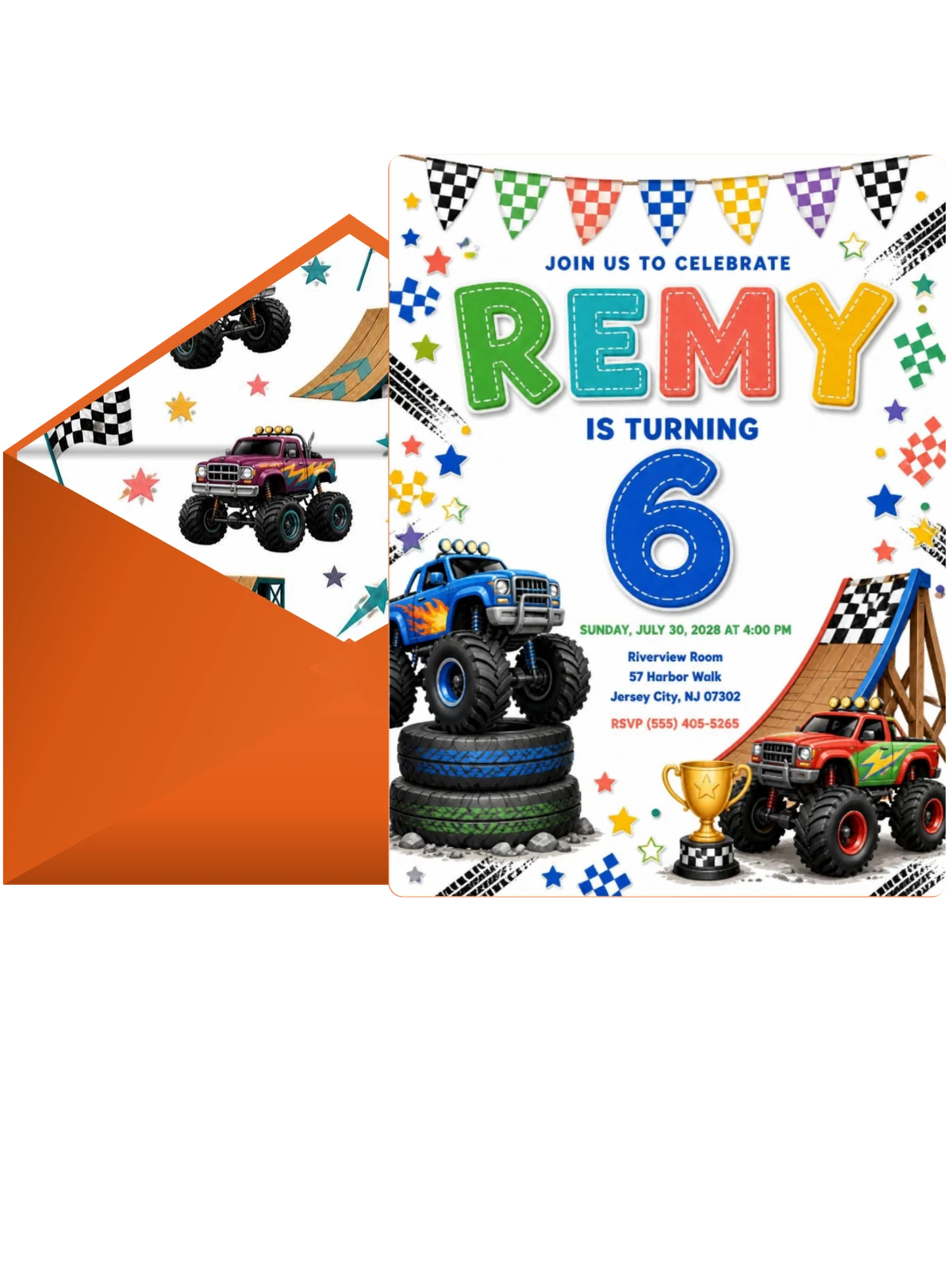 Stitched Monster Truck 6th Birthday Invitation