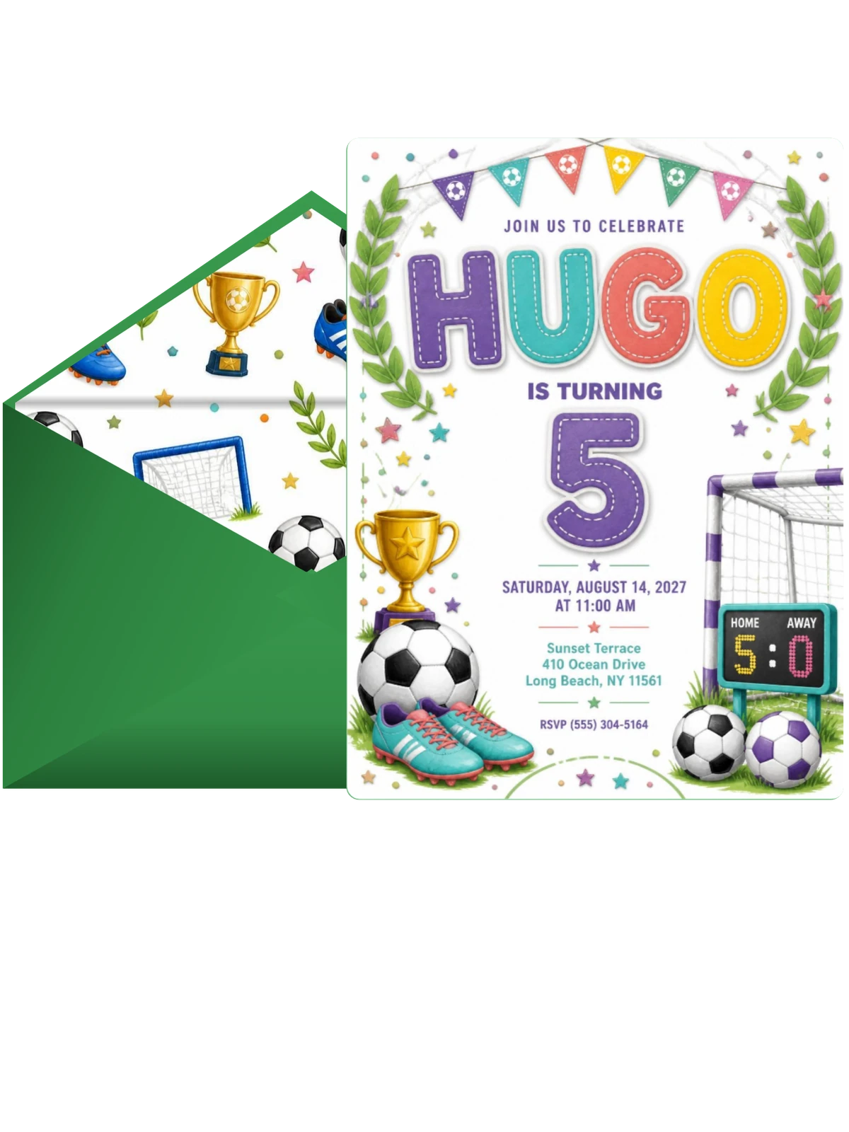 Stitched Soccer 5th Birthday Invitation