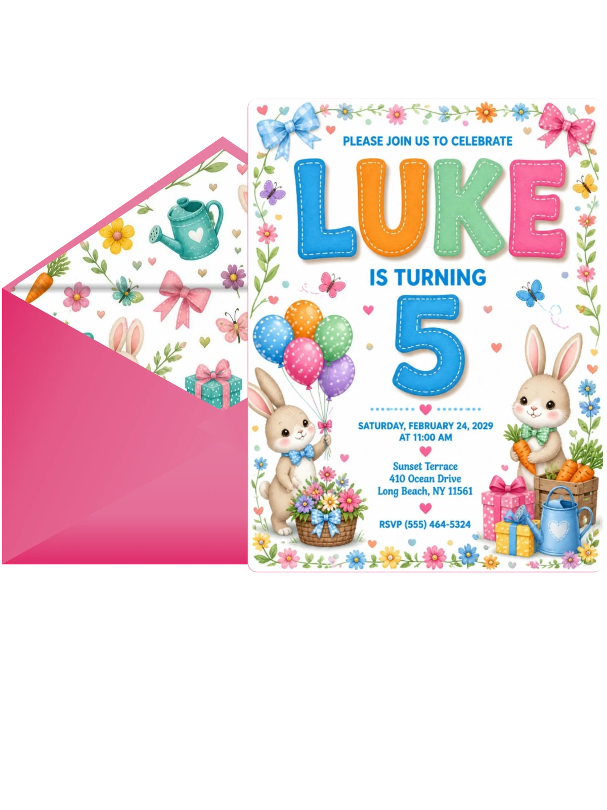 Stitched Bunny Garden 5th Birthday Invitation