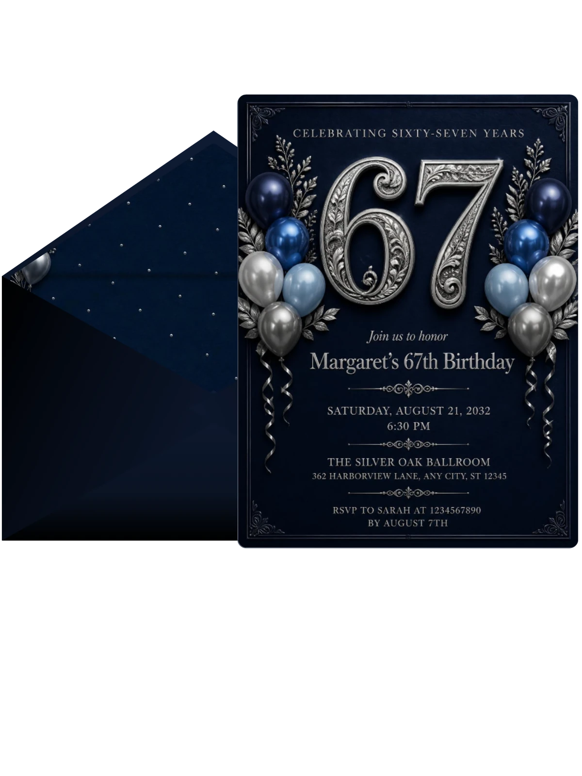 Navy and Silver 67th Birthday Invitation