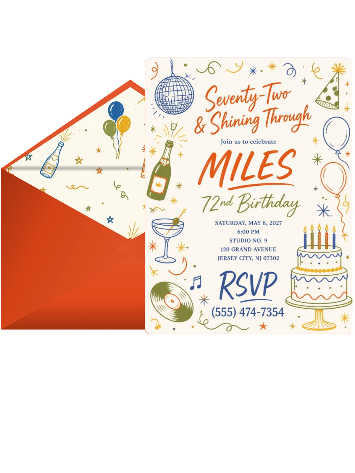 Retro Doodle 72nd Birthday Invitation