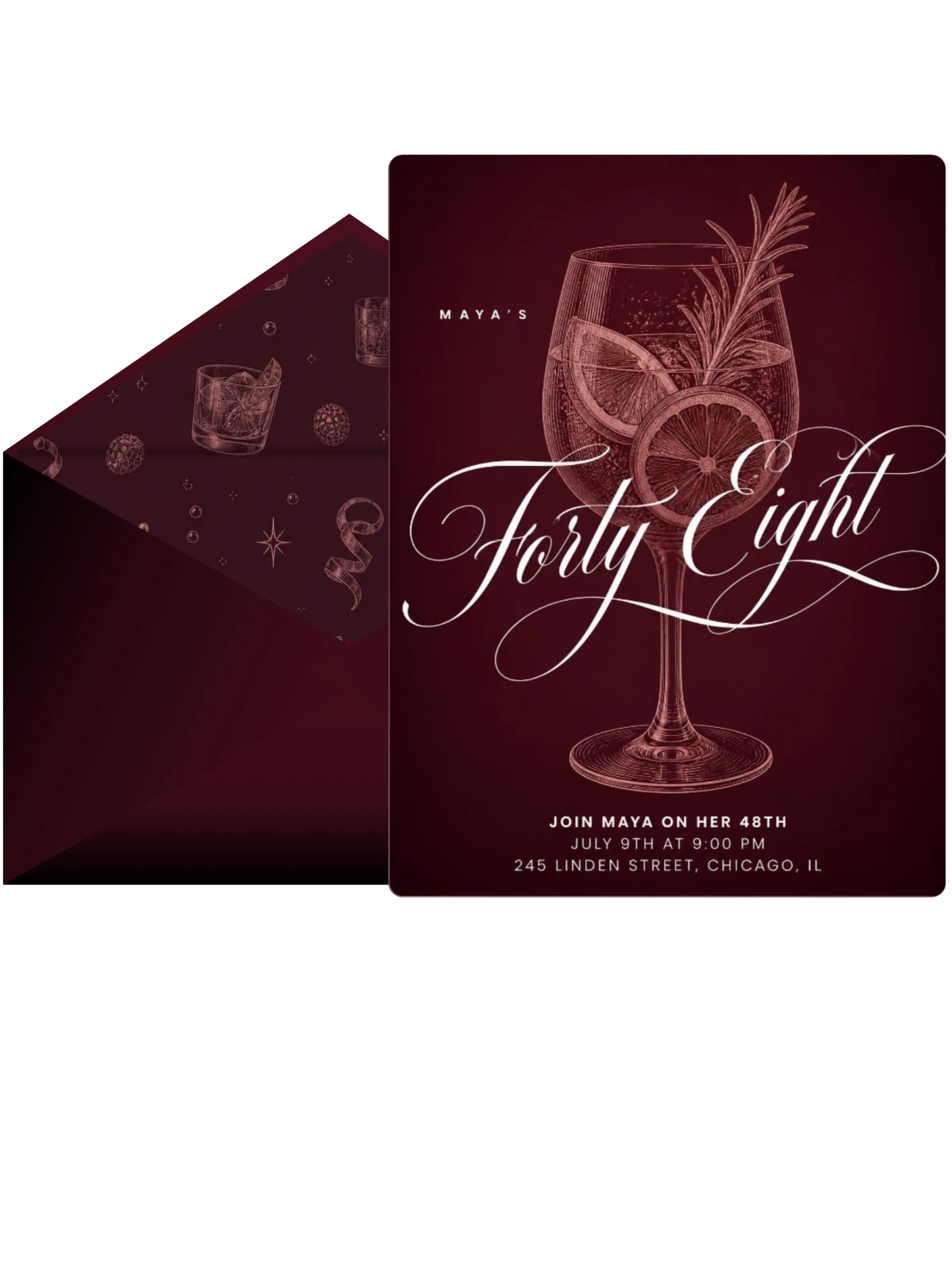 Burgundy Cocktail 48th Birthday Invitation