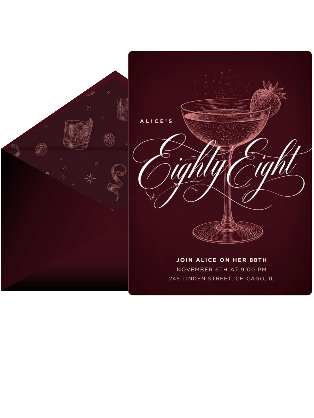 Burgundy Cocktail 88th Birthday Invitation