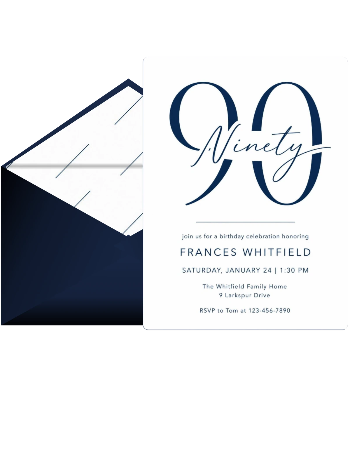 Navy Script Milestone Birthday Invitation