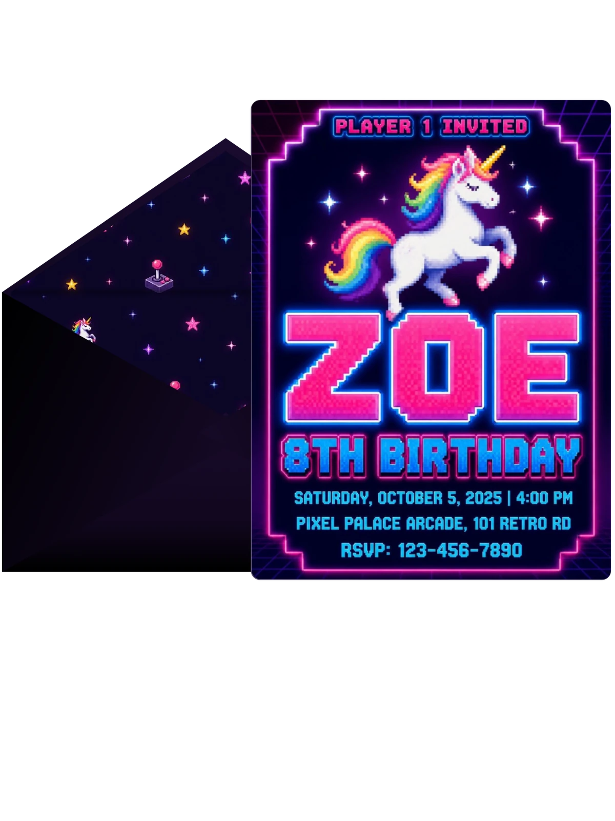 Neon Pixel Unicorn Arcade Birthday