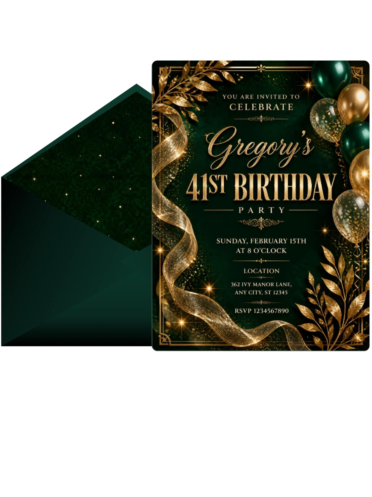 Emerald and Champagne 41st Birthday Invitation