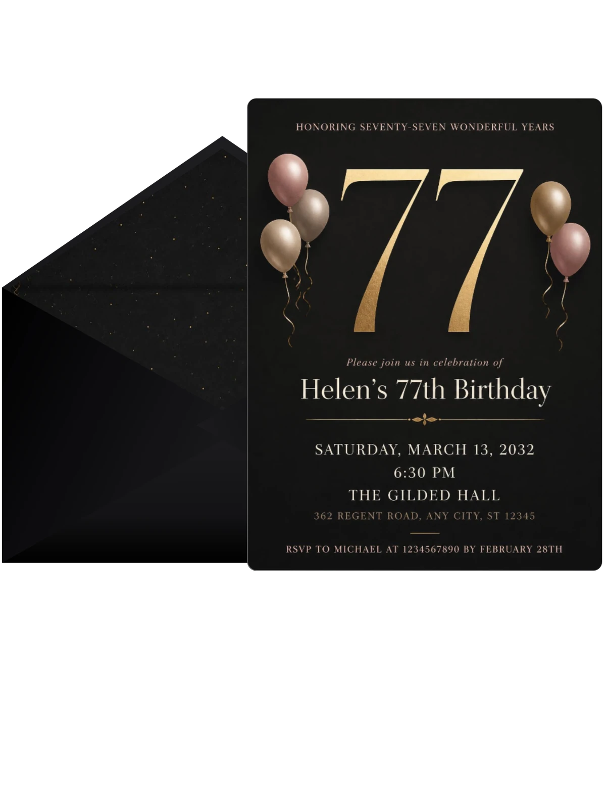 Charcoal and Blush 77th Birthday Invitation