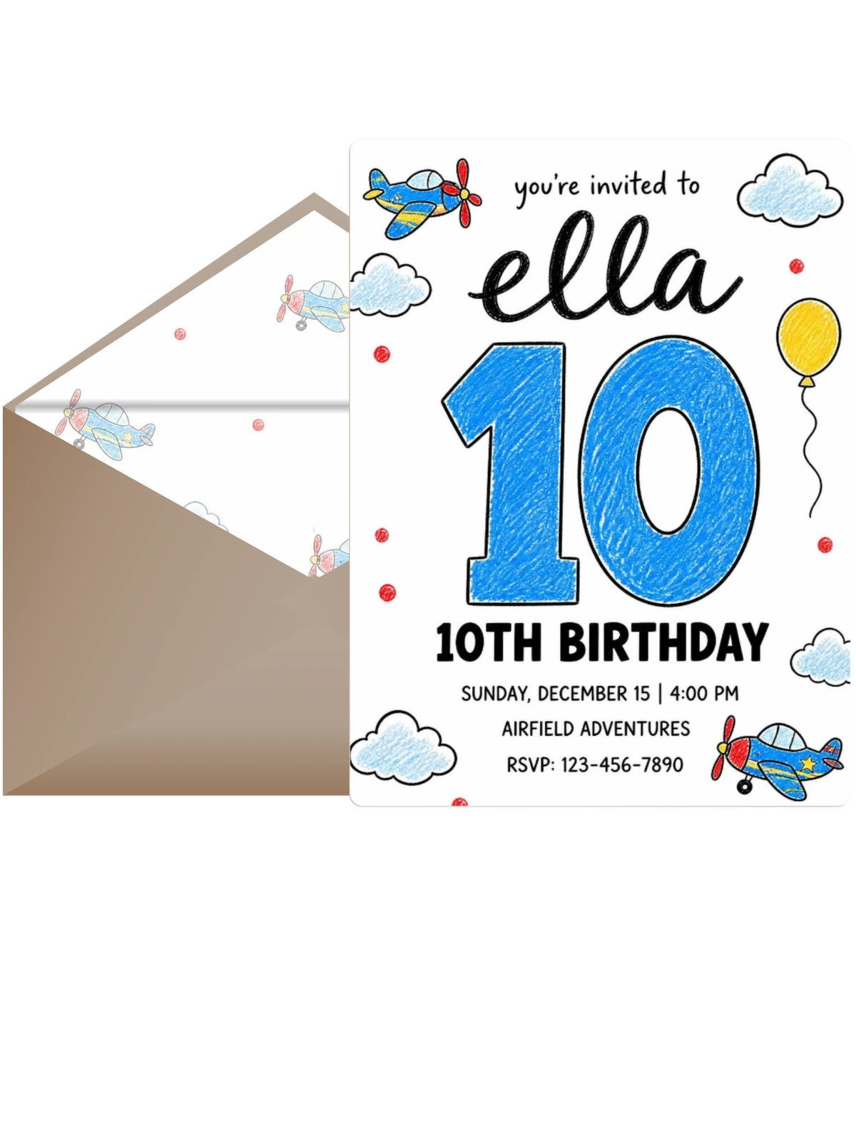 Crayon Airplane 10th Birthday Invitation