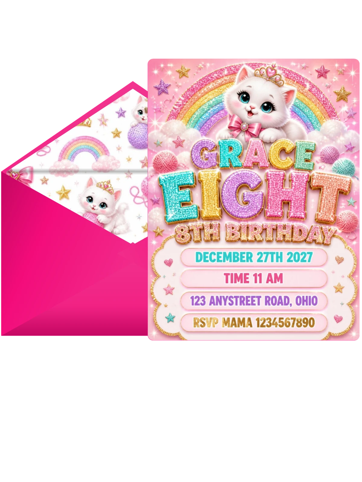 Glitter Kitty Cat 8th Birthday Invitation