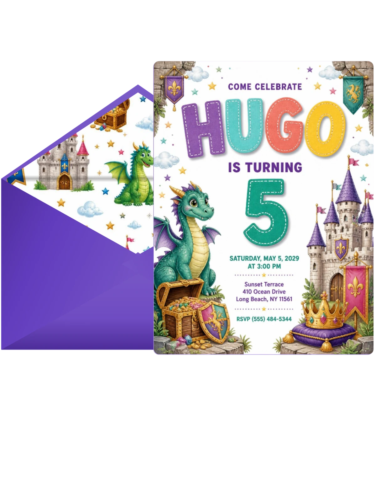 Stitched Dragon Castle 5th Birthday Invitation