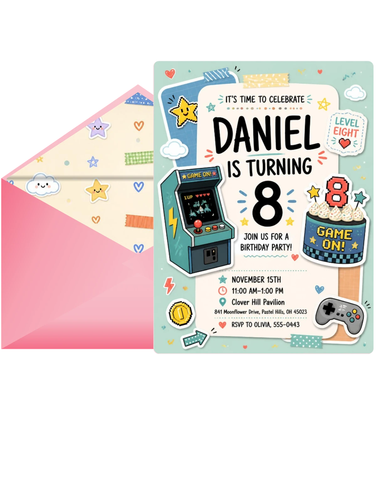 Arcade Cabinet Pastel 8th Birthday Invitation
