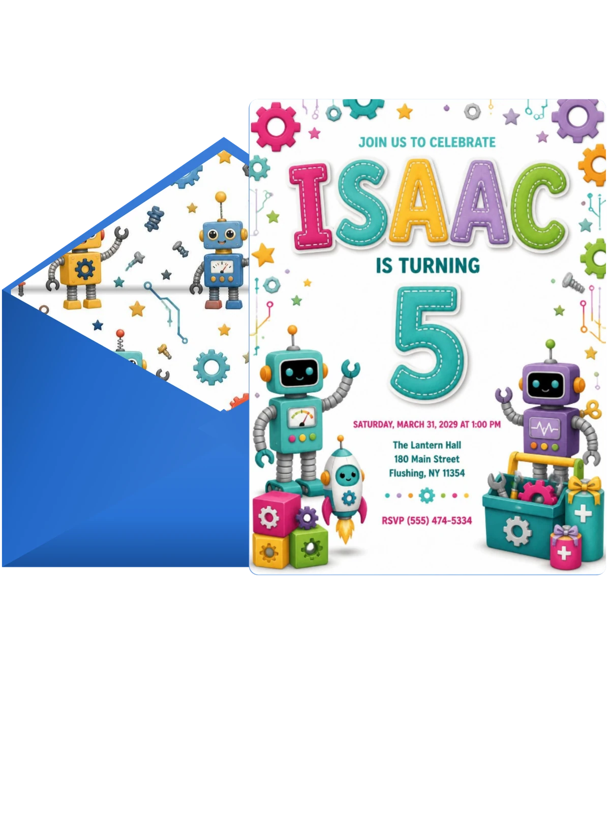 Stitched Robot 5th Birthday Invitation