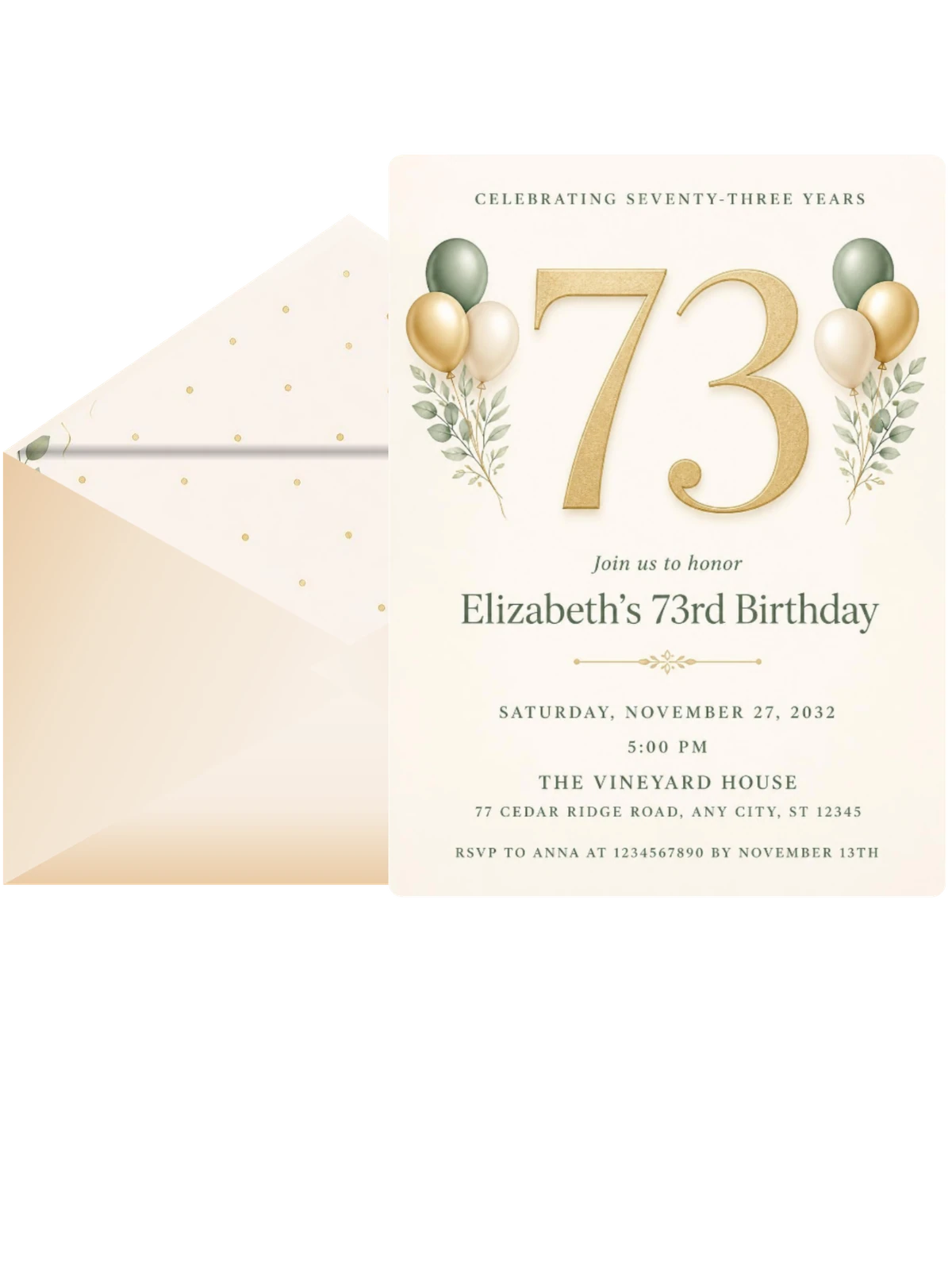 Sage and Ivory 73rd Birthday Invitation