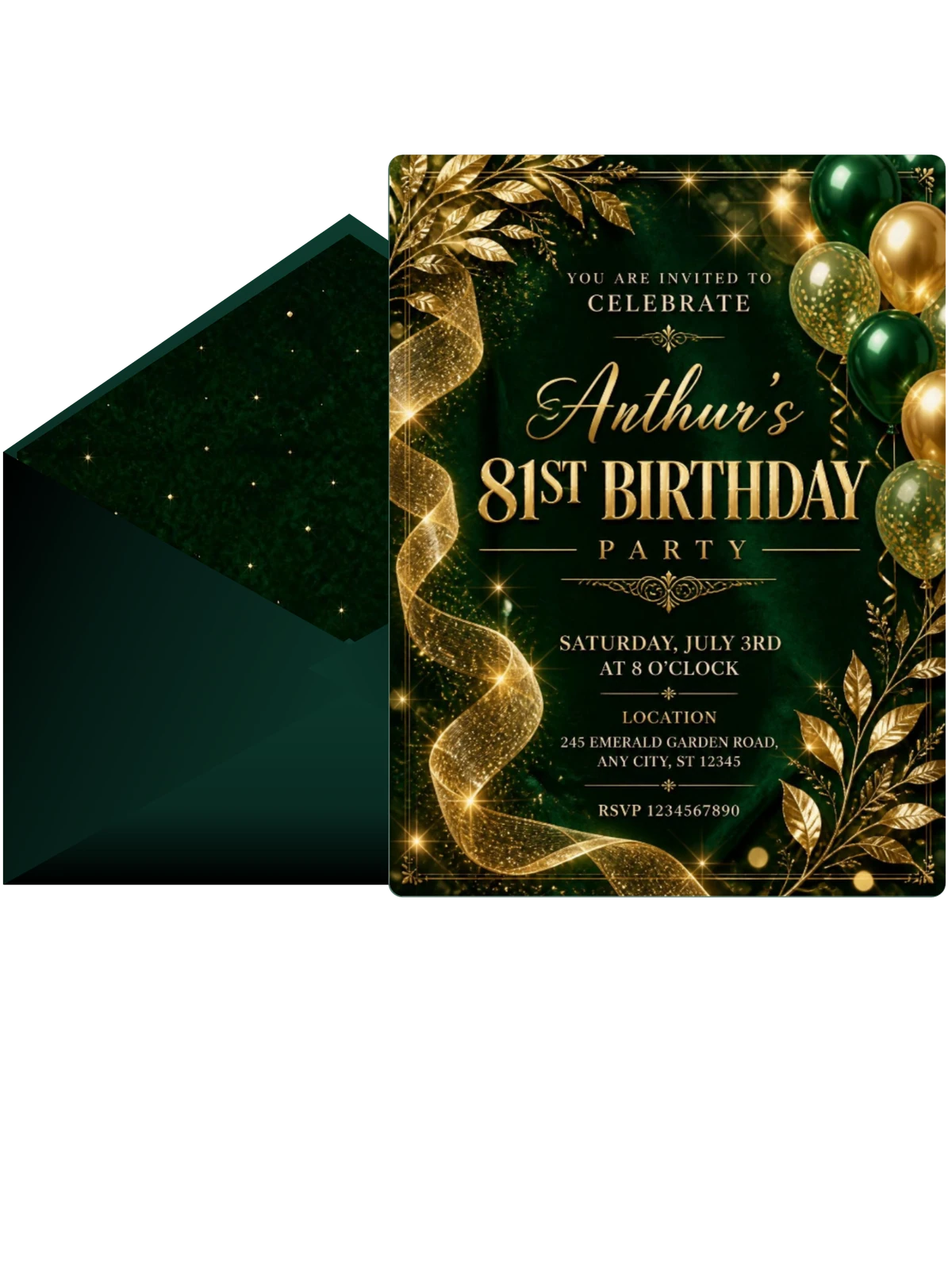 Emerald and Champagne 81st Birthday Invitation