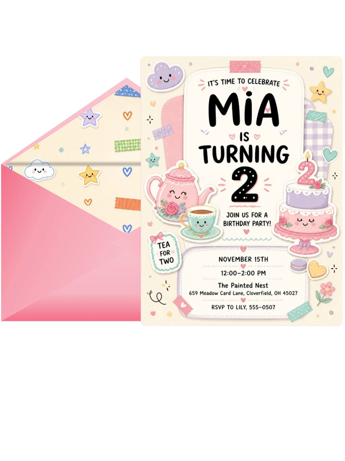 Teapot Pastel Scrapbook 2nd Birthday Invitation