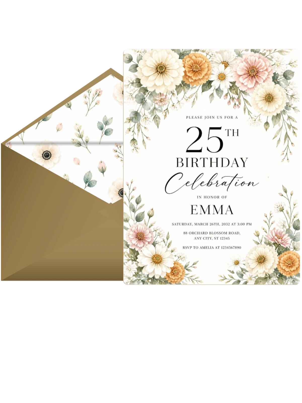 Botanical Floral Ivory 25th Birthday Invitation