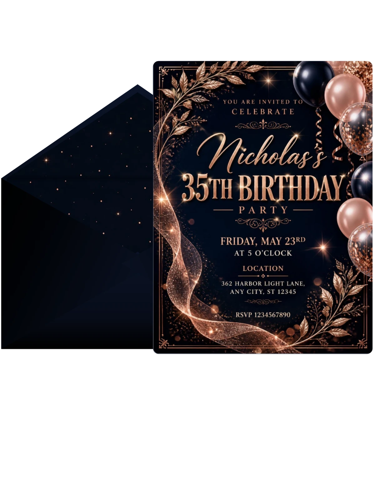 Navy and Rose Gold 35th Birthday Invitation