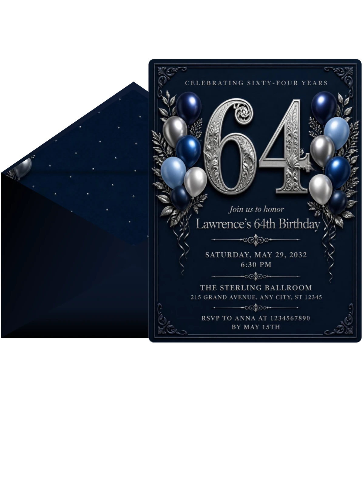 Navy and Silver 64th Birthday Invitation