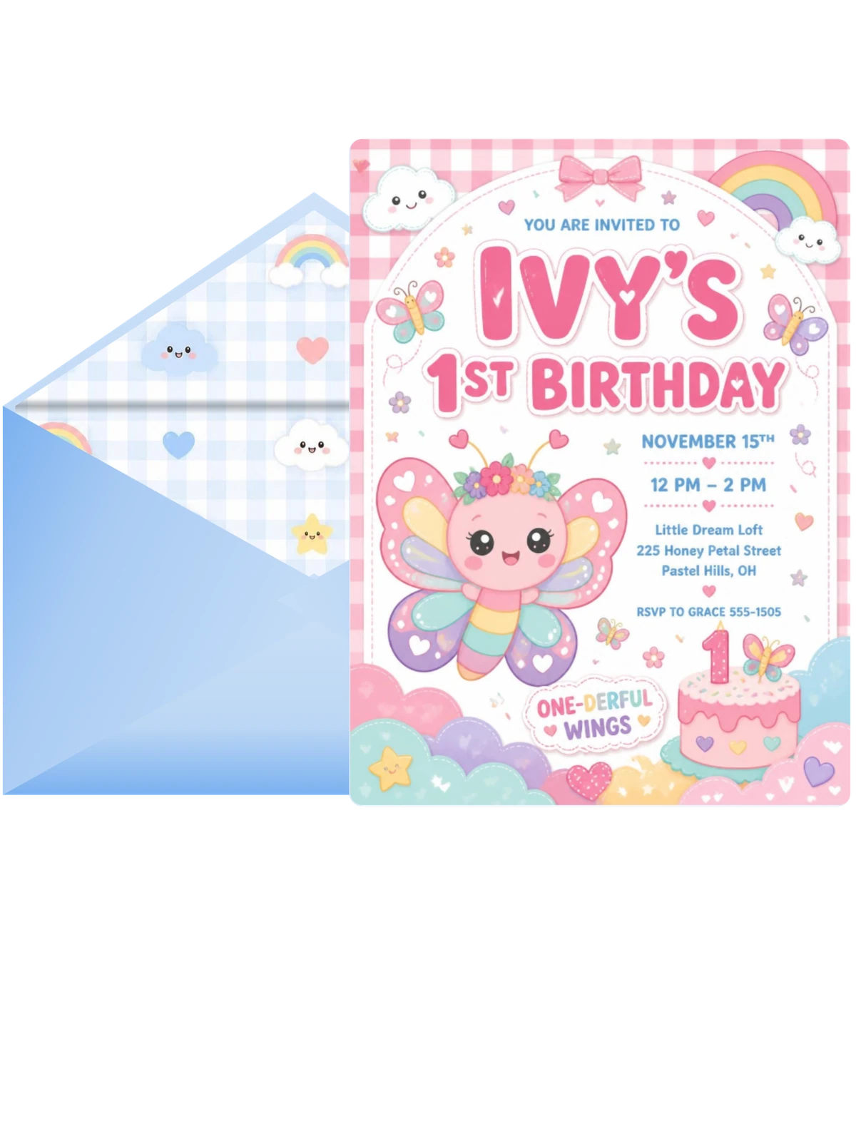 Kawaii Butterfly 1st Birthday Invitation