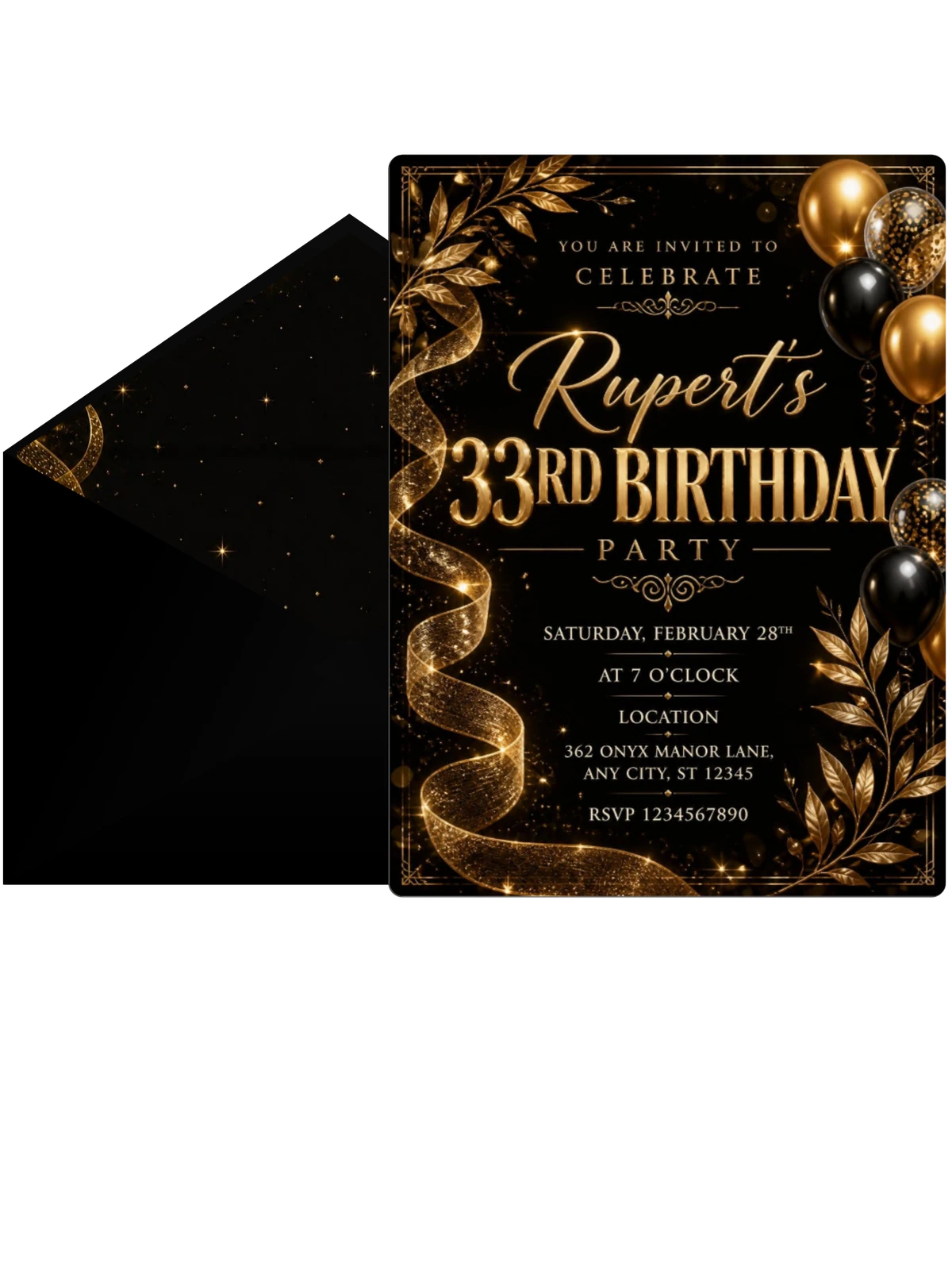 Black and Gold 33rd Birthday Invitation