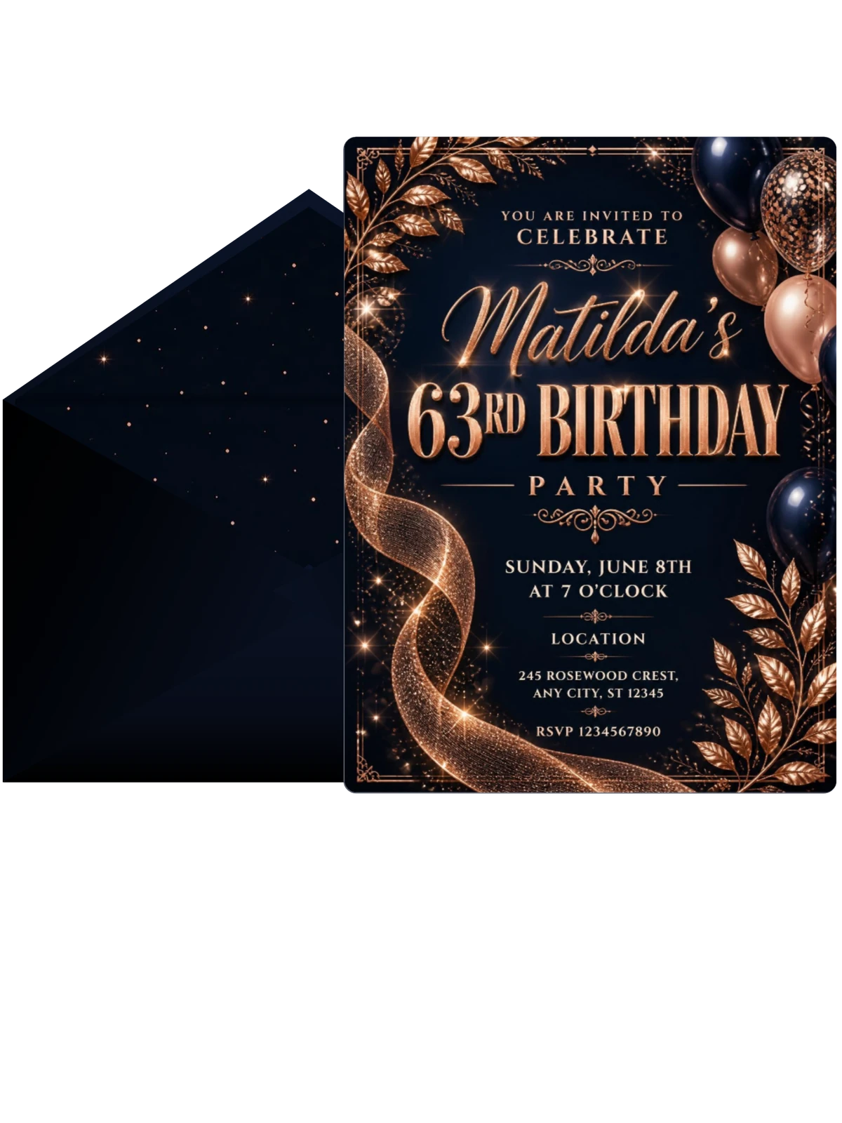 Navy and Rose Gold 63rd Birthday Invitation