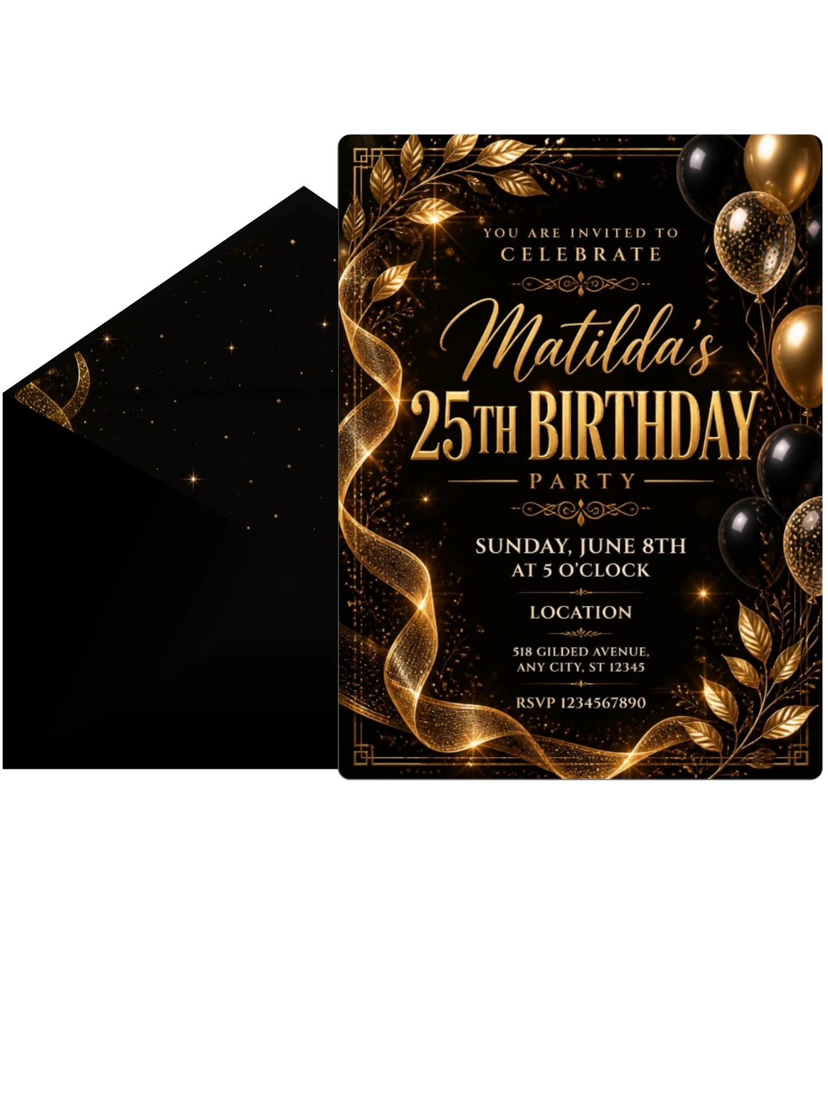 Gold Ribbon and Foliage 25th Birthday Invitation