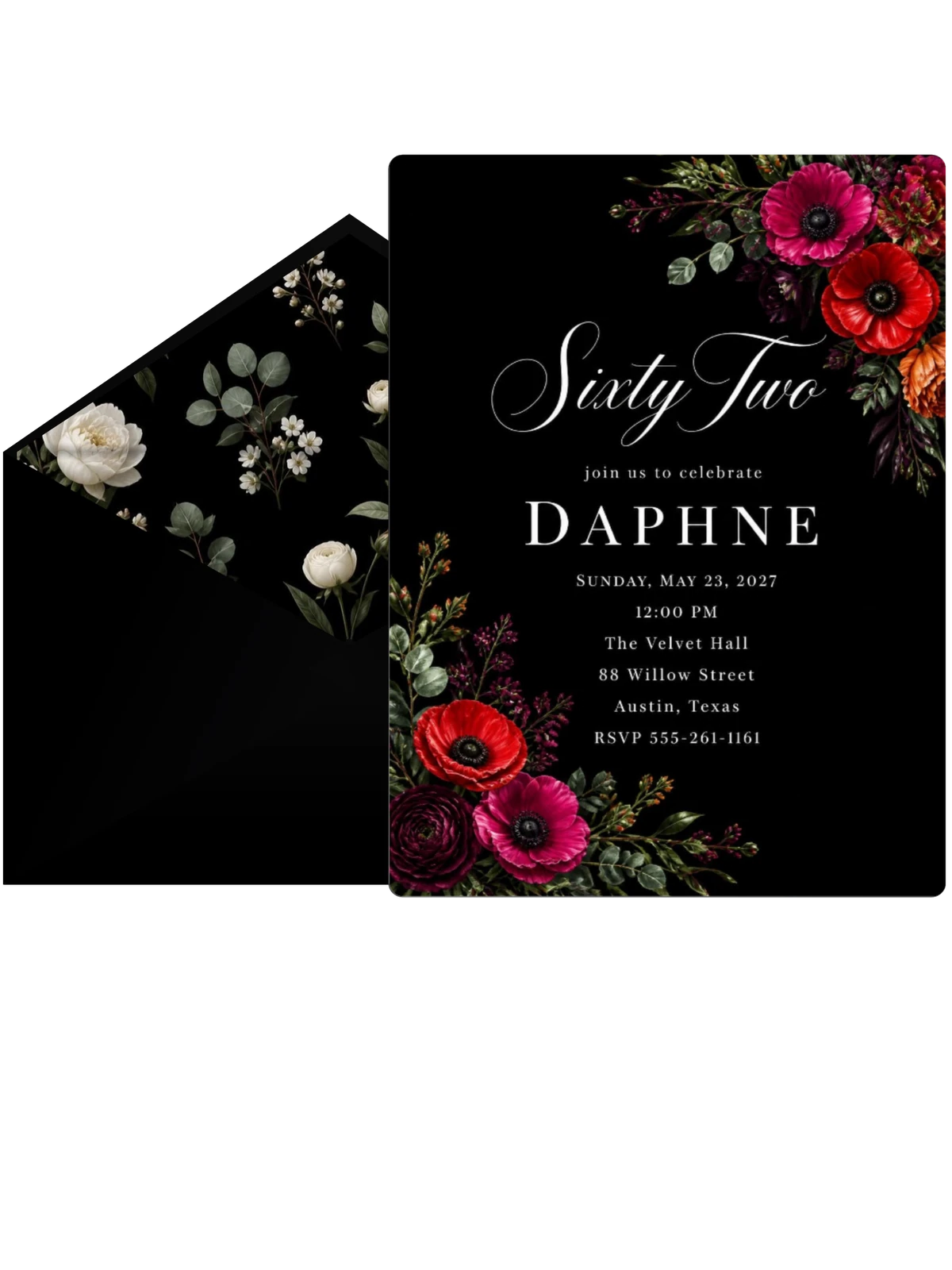 Black Floral 62nd Birthday Invitation