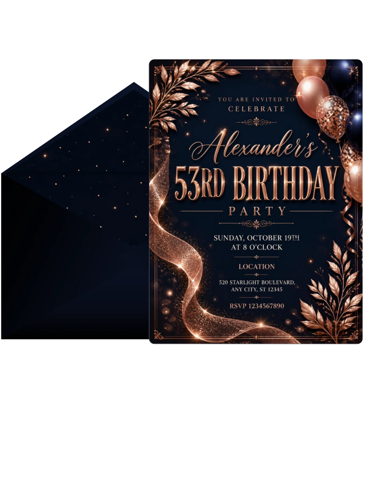 Navy and Rose Gold 53rd Birthday Invitation
