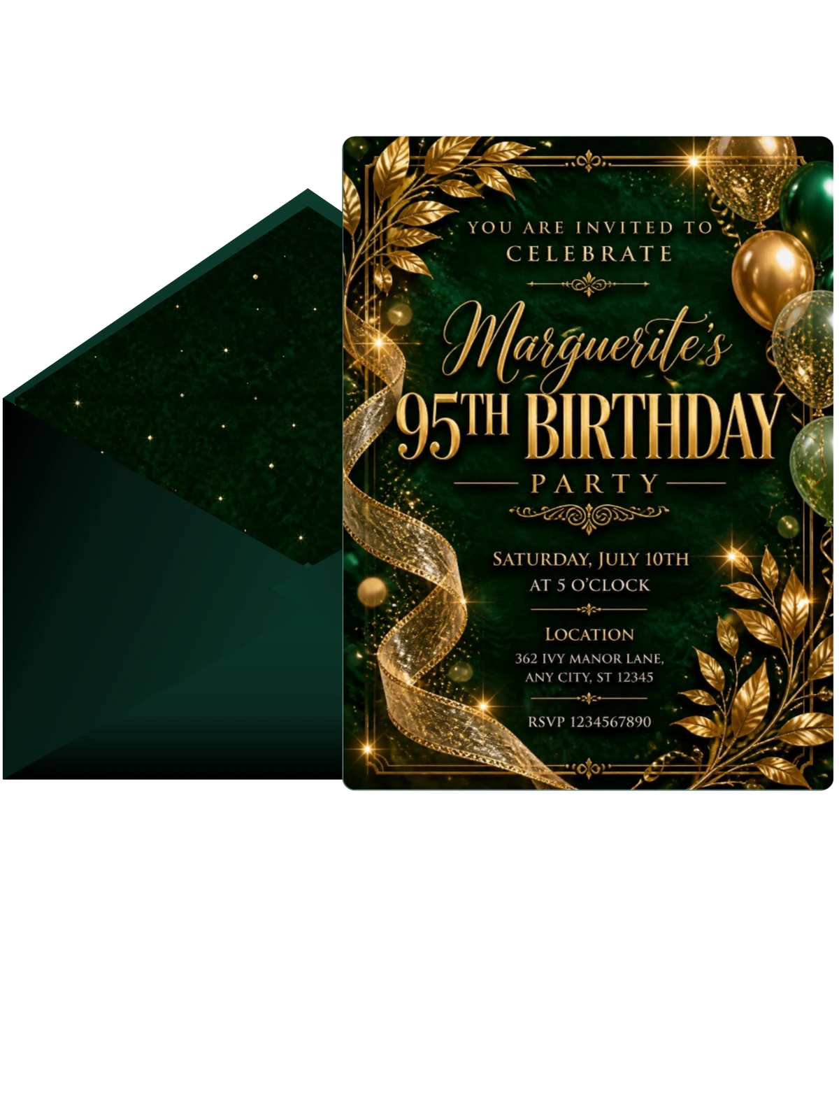 Emerald and Champagne 95th Birthday Invitation