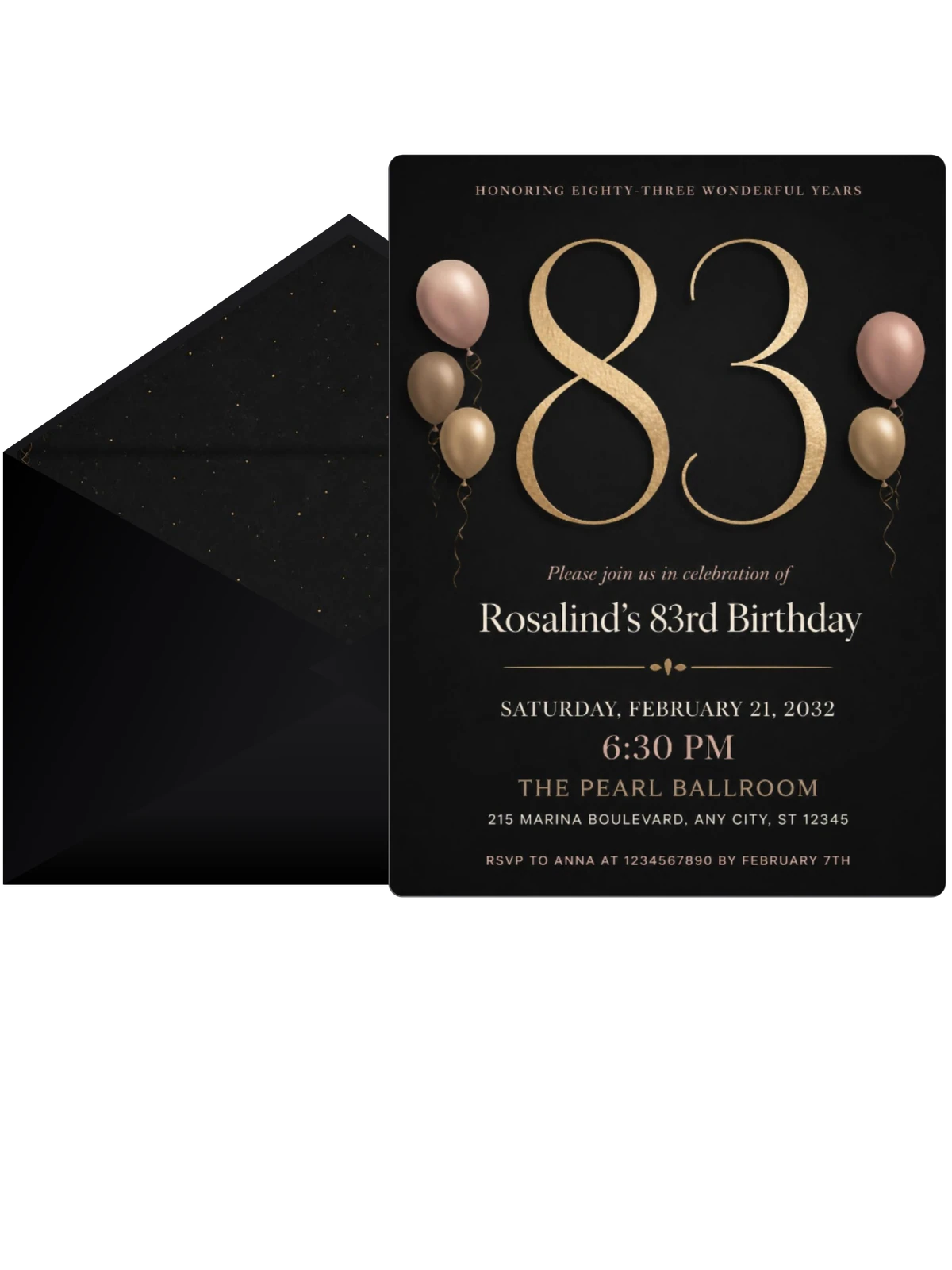 Charcoal and Blush 83rd Birthday Invitation