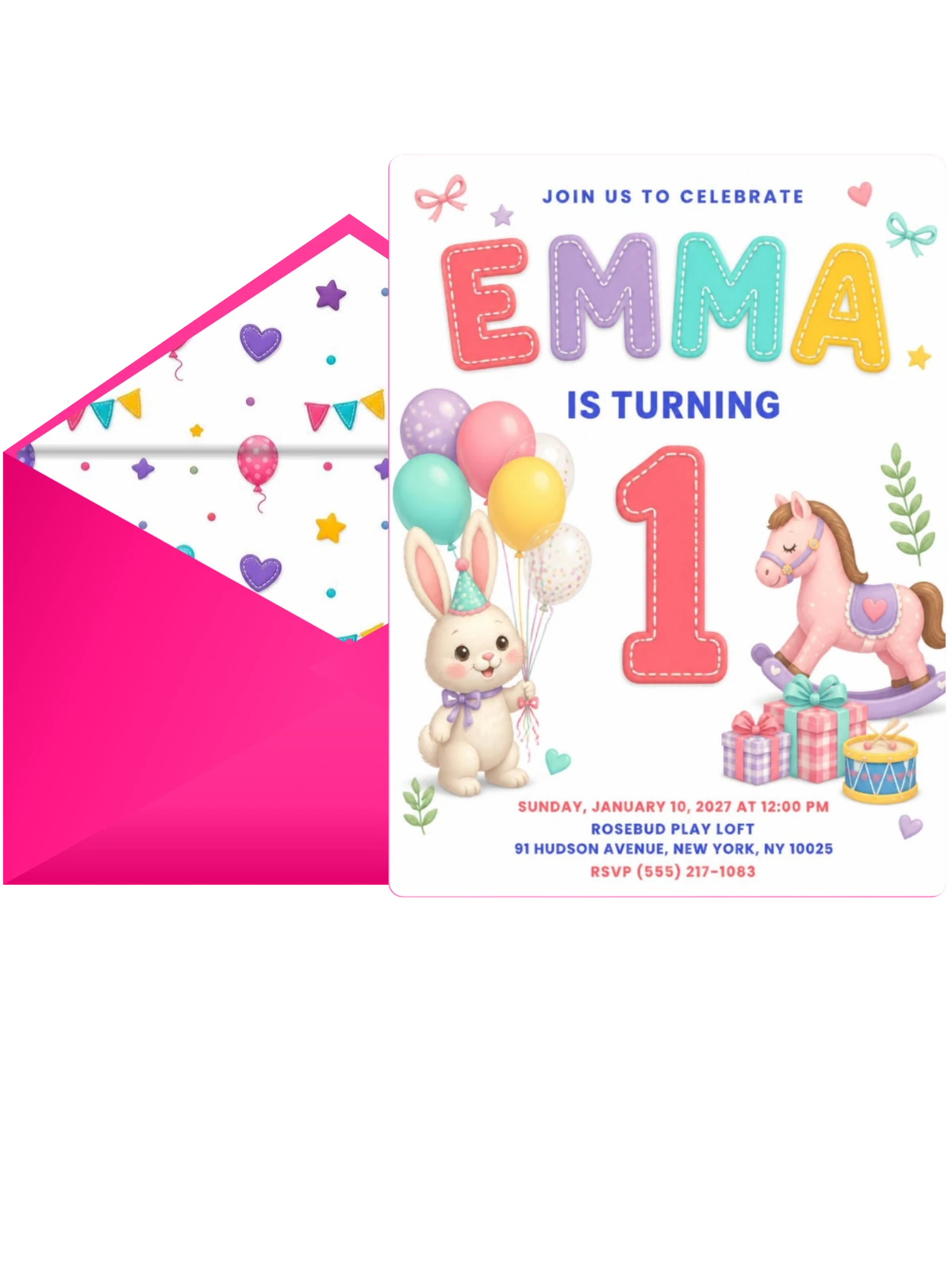 Balloons Stitched 1st Birthday Invitation
