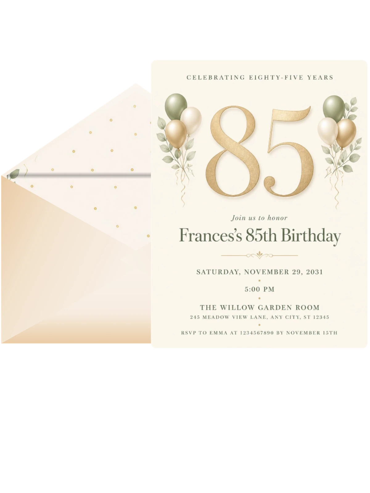 Sage and Ivory 85th Birthday Invitation