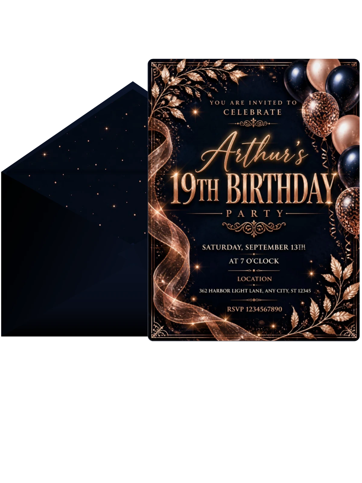 Navy and Rose Gold 19th Birthday Invitation