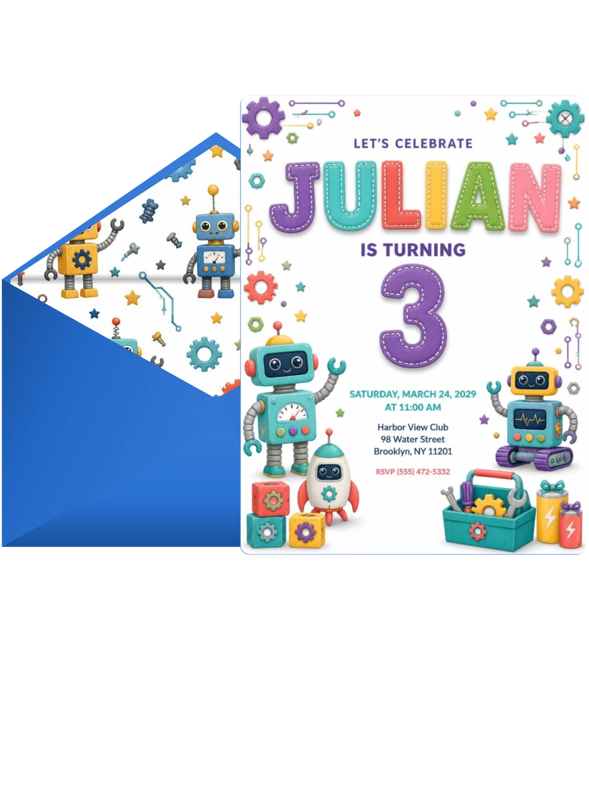 Stitched Robot 3rd Birthday Invitation