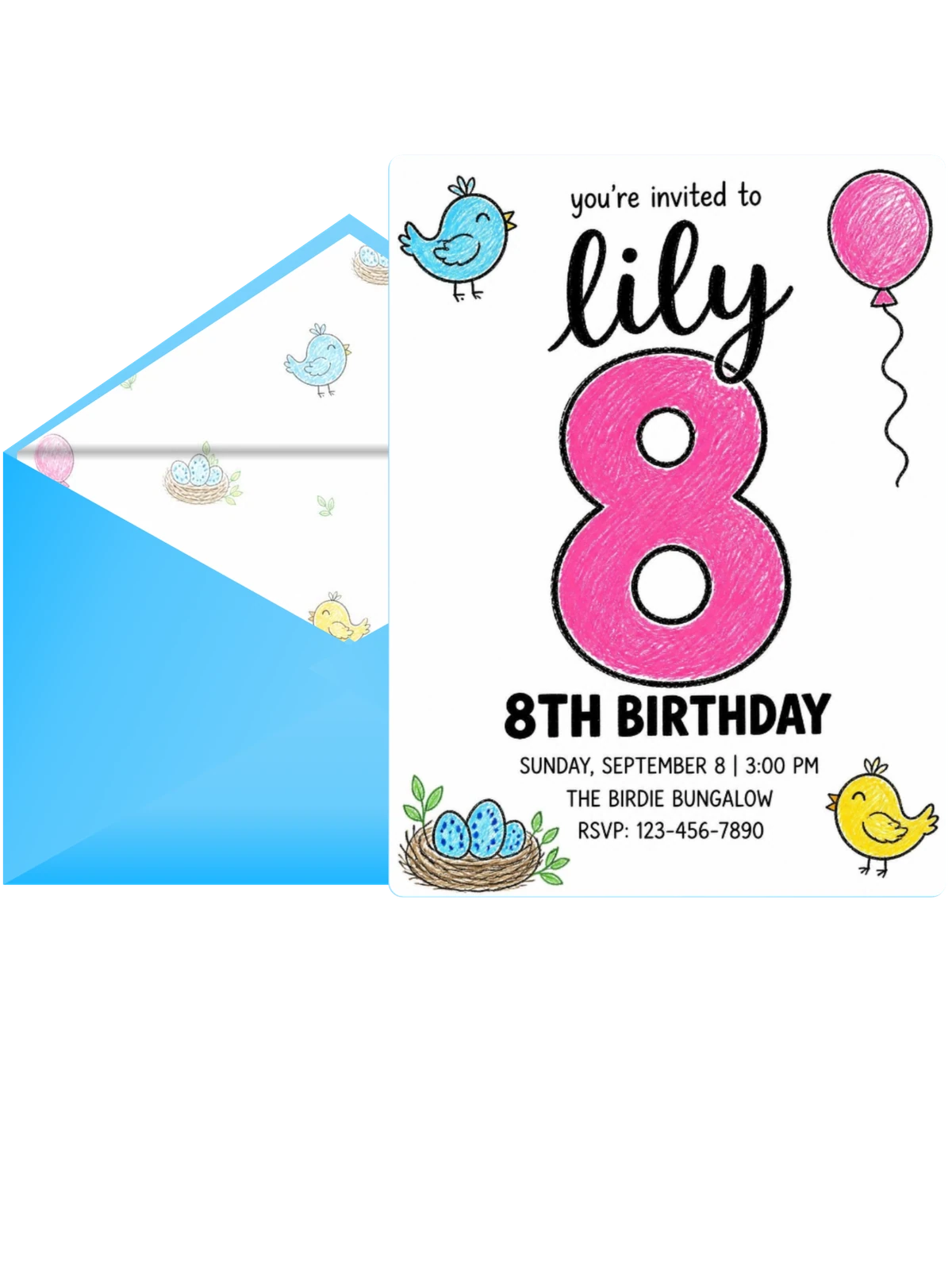 Crayon Bluebird Balloon 8th Birthday Invitation