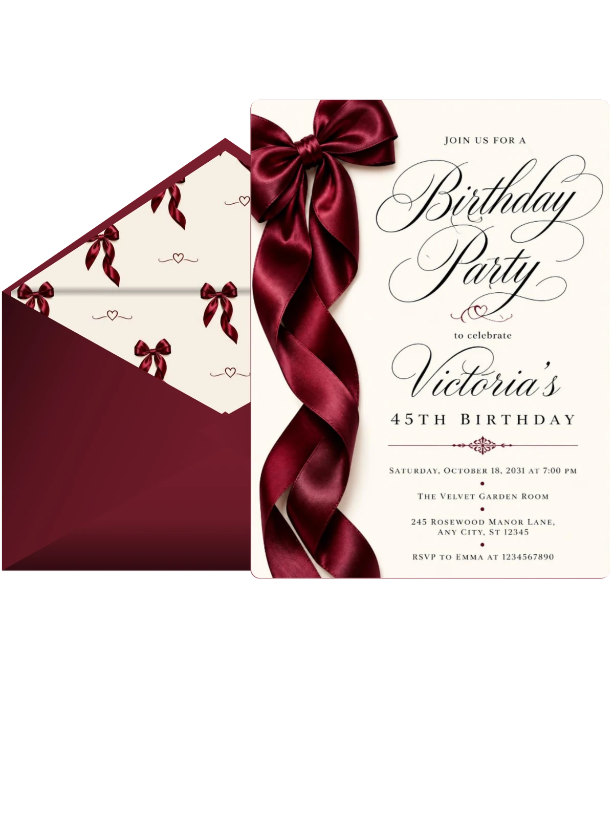 Burgundy Satin Bow 45th Birthday Invitation
