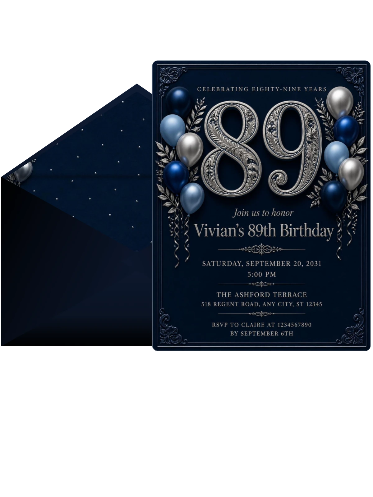 Navy and Silver 89th Birthday Invitation