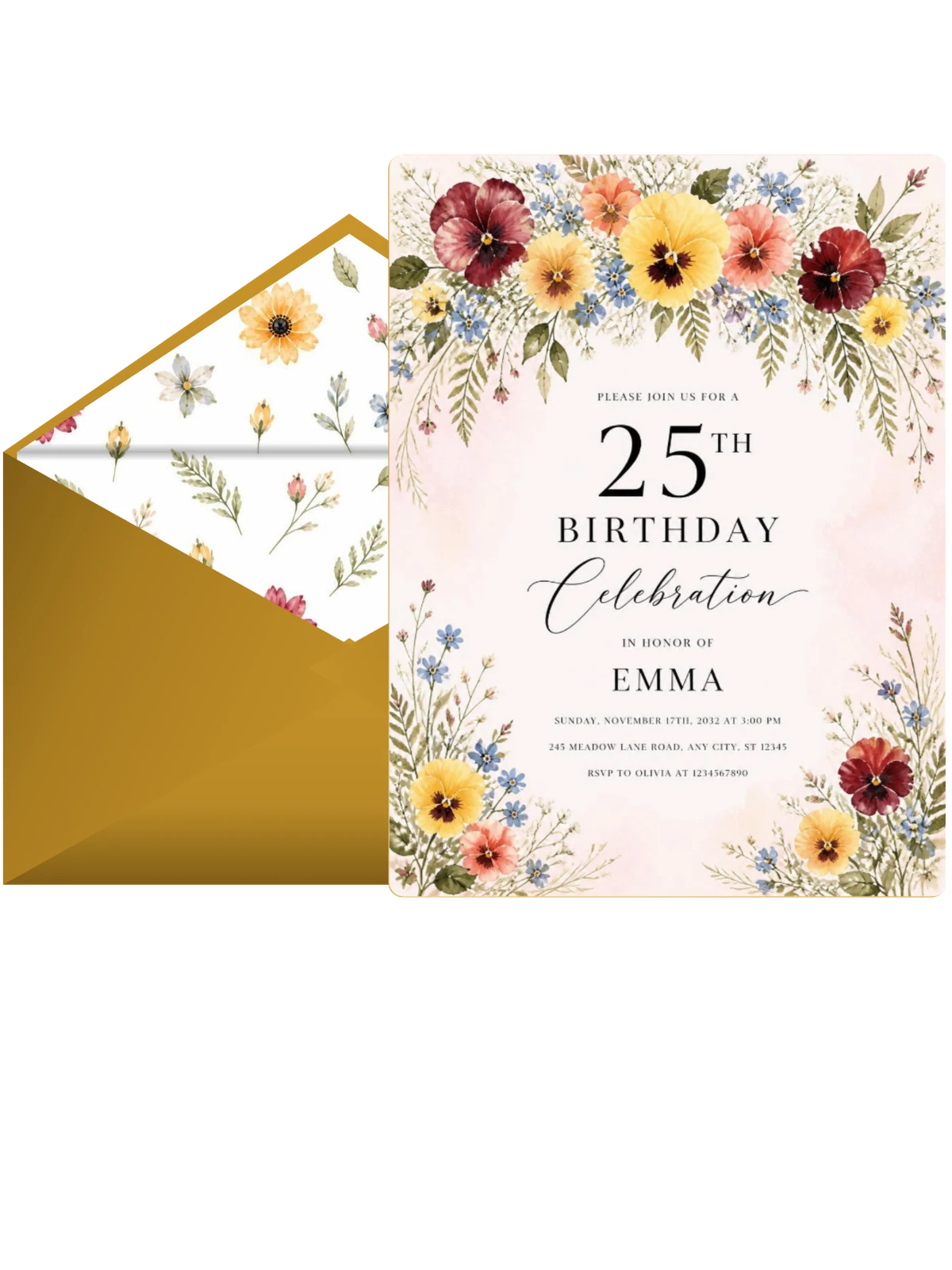 Botanical Greenery Golden 25th Birthday Invitation