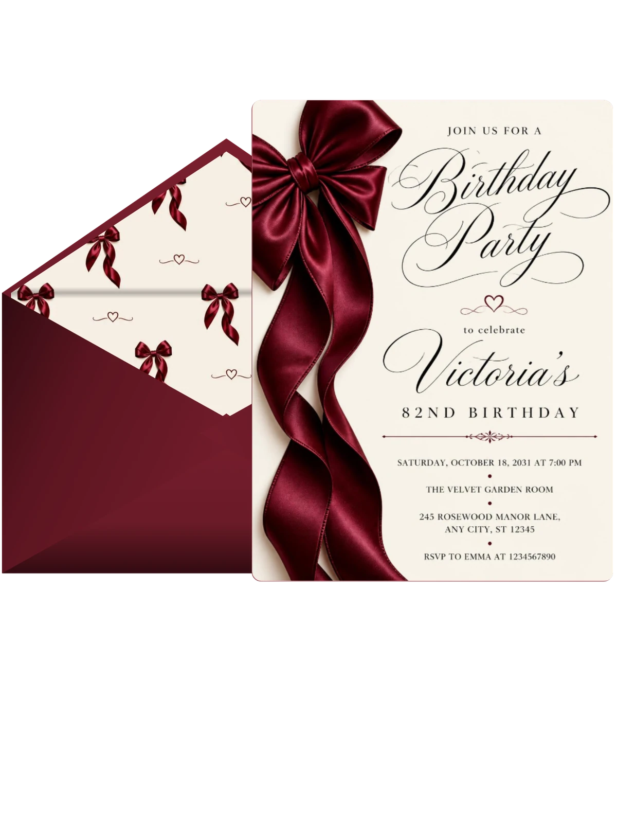 Burgundy Satin Bow 82nd Birthday Invitation