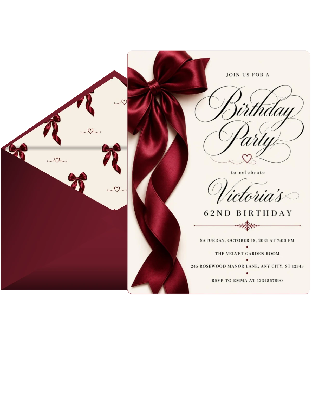 Burgundy Satin Bow 62nd Birthday Invitation