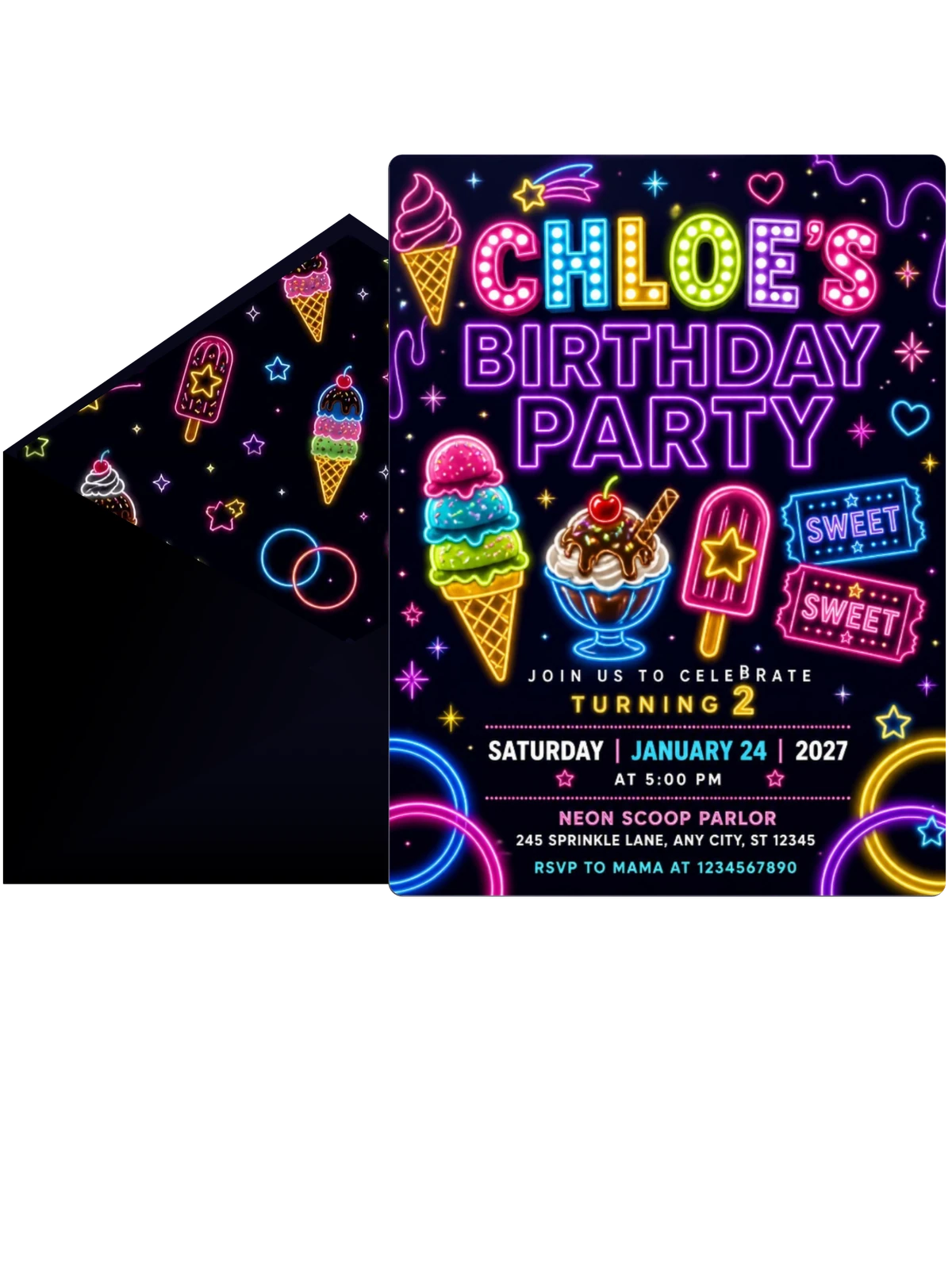 Neon Ice Cream 2nd Birthday Invitation